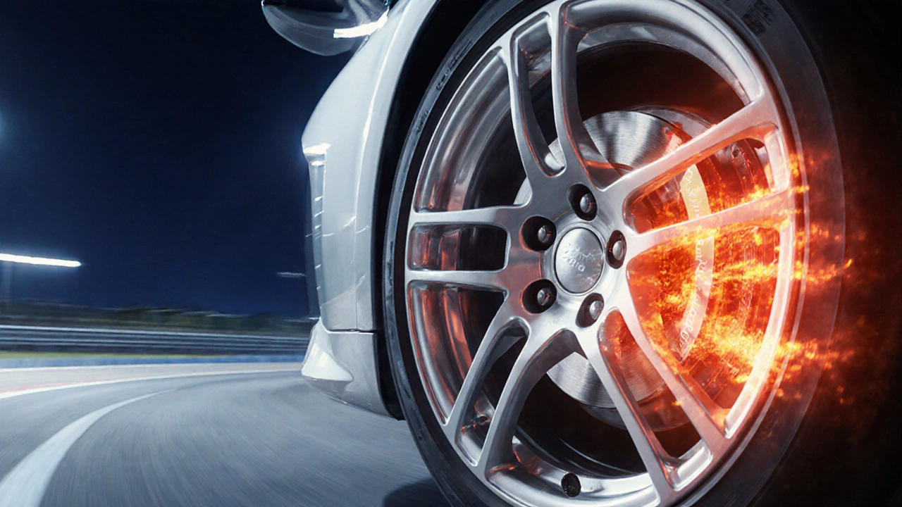 Alloy rim with glowing heat waves near the brake area against a dark background.