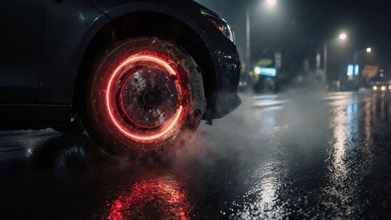 Car braking on wet road with glowing damage lines and smoke from worn brakes.