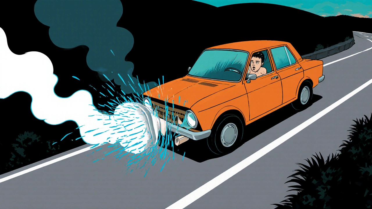 Car climbing hill with engine sputtering, fuel vapor and sound wave indicating whining.