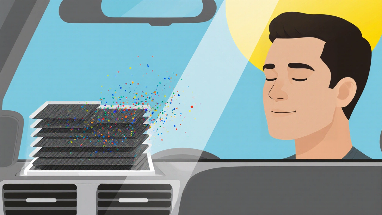 Car interior with cabin filter capturing pollen and particles.