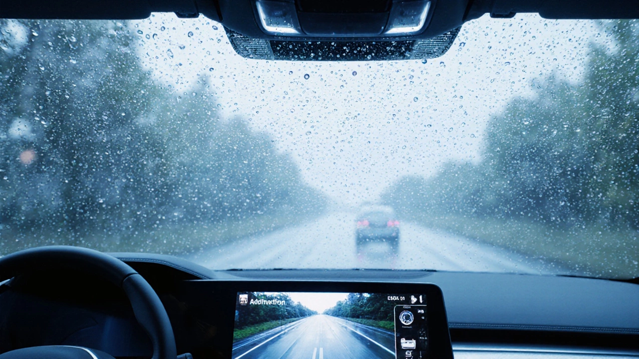 Close‑up of a windshield showing water beading off a hydrophobic coating and a rear‑view camera screen.