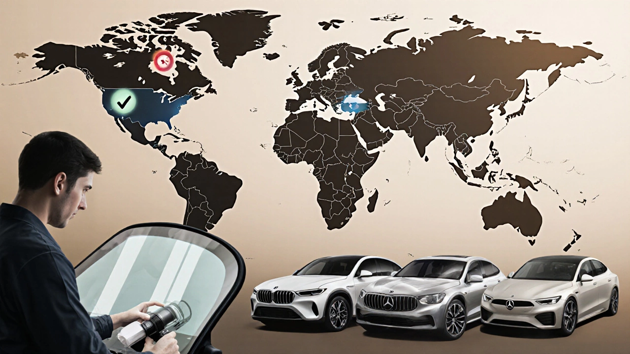 Collage of global map regions, wiper‑less car silhouettes, and a mechanic inspecting a windshield coating.