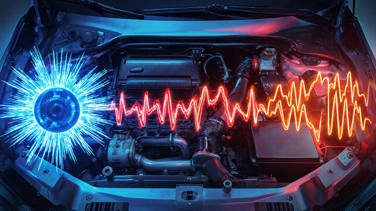 Cross‑section illustration showing whine, clicks, and low hum as colored waveforms.