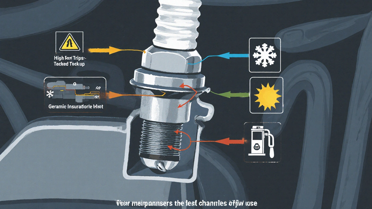 Cutaway diagram of a spark plug showing wear factors like heat, arcing, and contaminants.