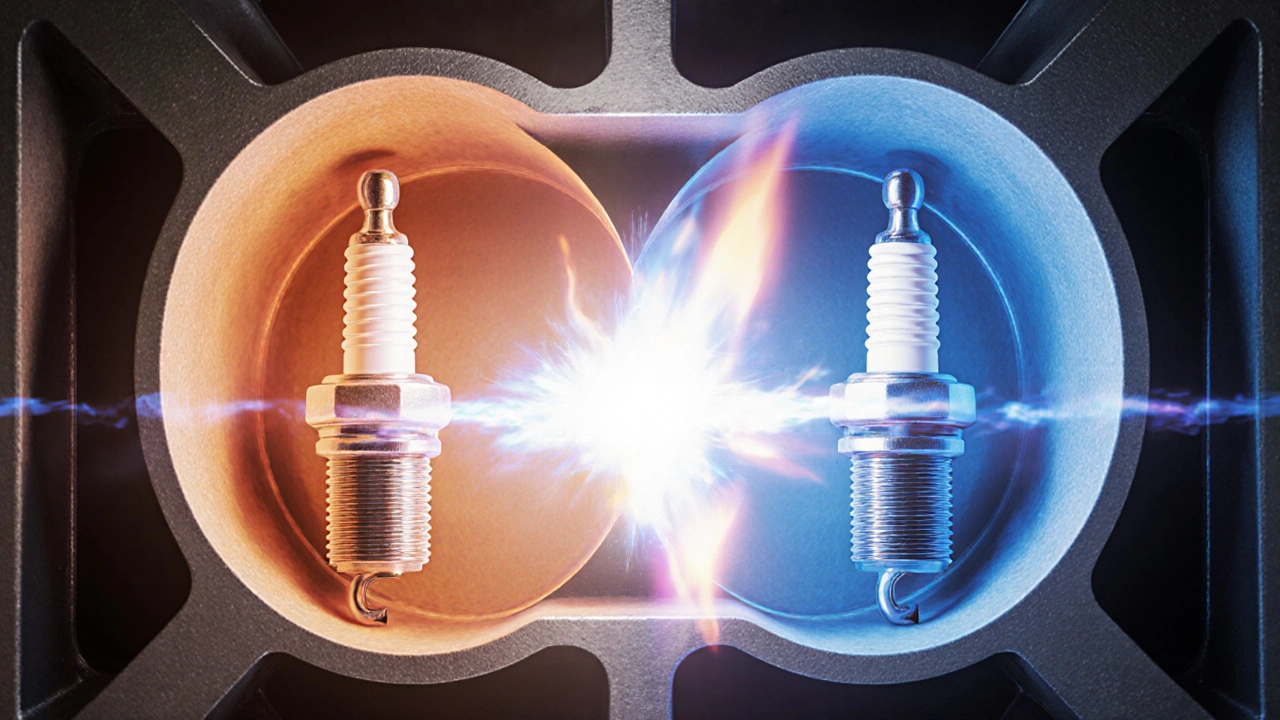 Cutaway engine cylinder showing hot (red) and cold (blue) spark plugs with a spark igniting fuel.