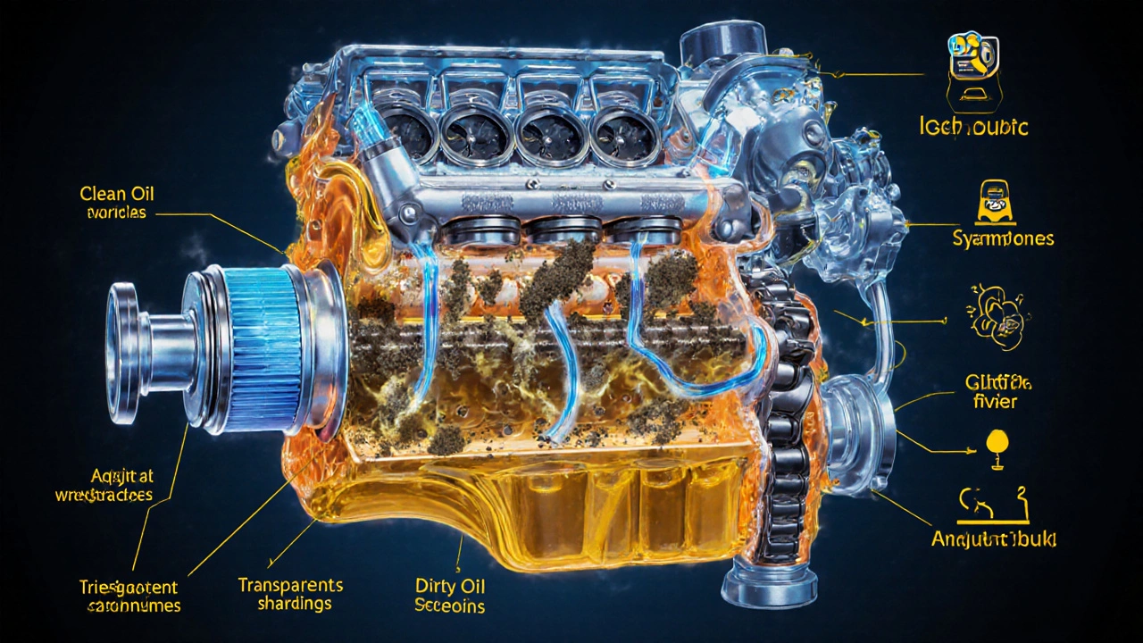 Cutaway engine illustration showing oil contaminated with soot, metal, coolant, and fuel.