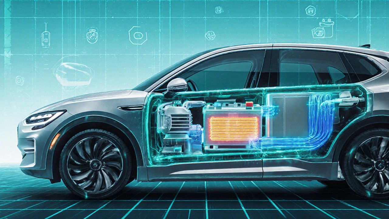 Cutaway illustration of an EV cooling system with heat pump and electric fan.