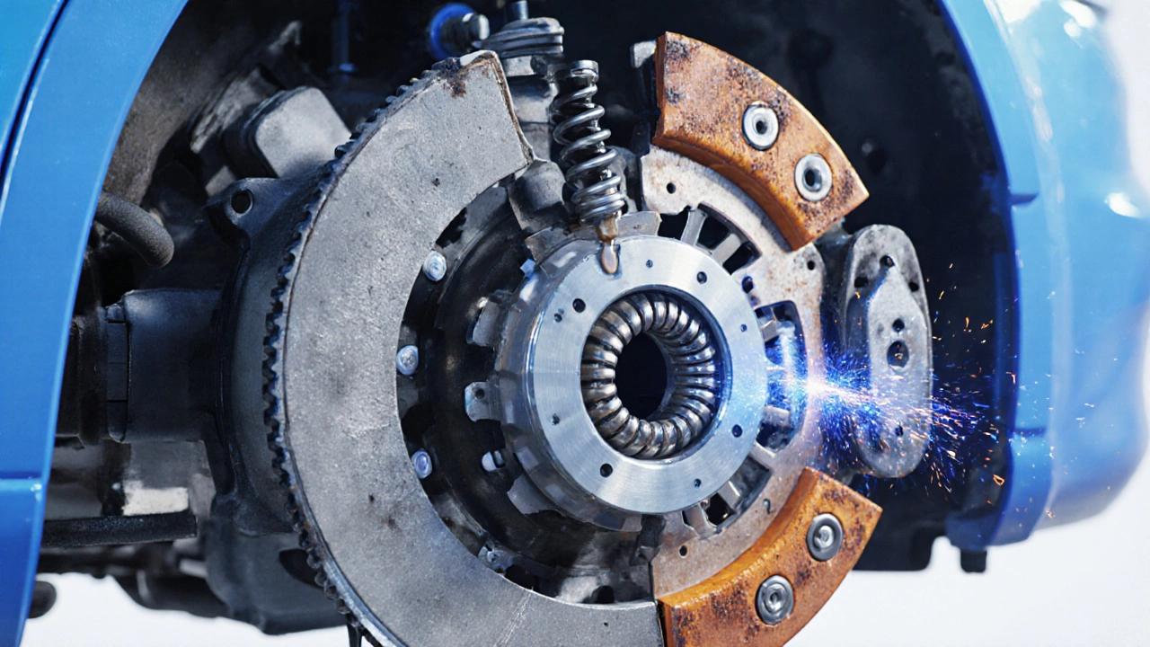 Cutaway view of clutch showing worn disc, warped flywheel, cracked pressure plate, and fluid leak.