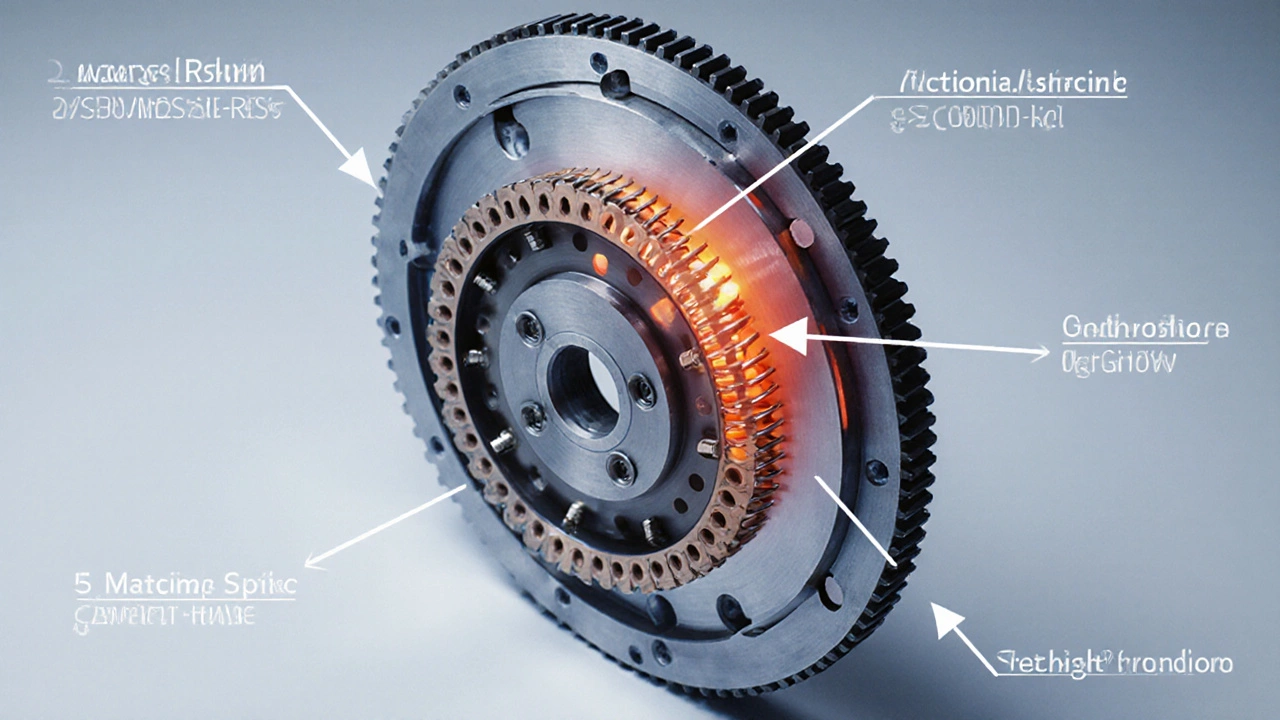 Cutaway view showing clutch disc, pressure plate, flywheel with wear highlights.