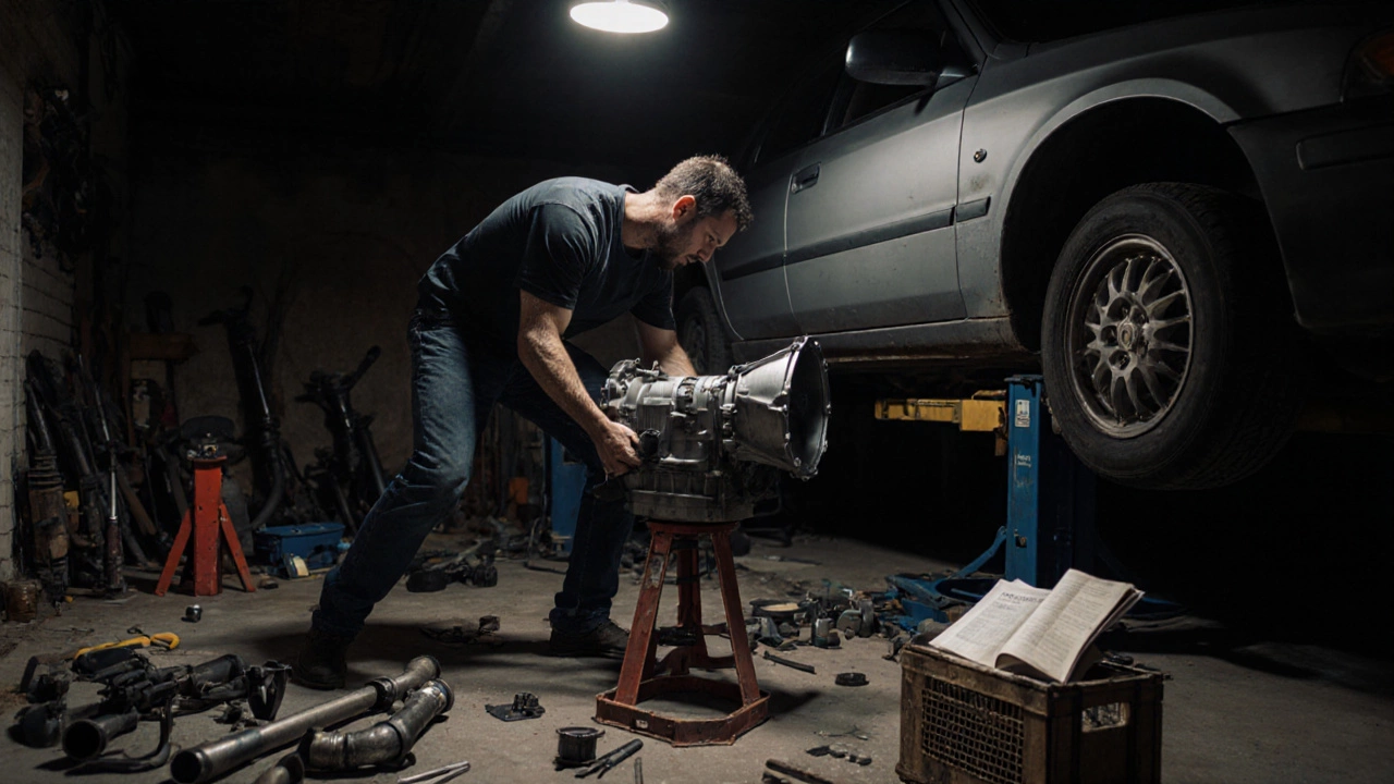 DIY mechanic struggling to lower a transmission on jack stands in a driveway.