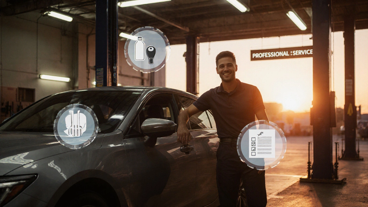 Driver beside car with floating icons of clutch maintenance tasks.