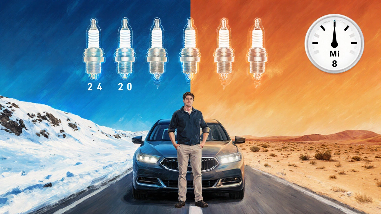 Driver by a car on a road shifting from snow to desert, with fading spark plug icons and calendars.