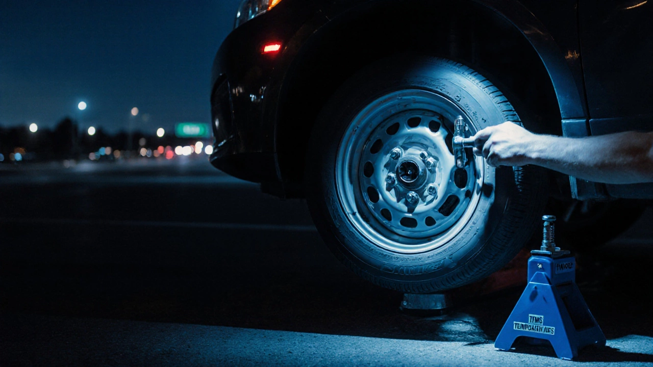 Driver installing a spare tire beside a car with a TPMS warning light on.