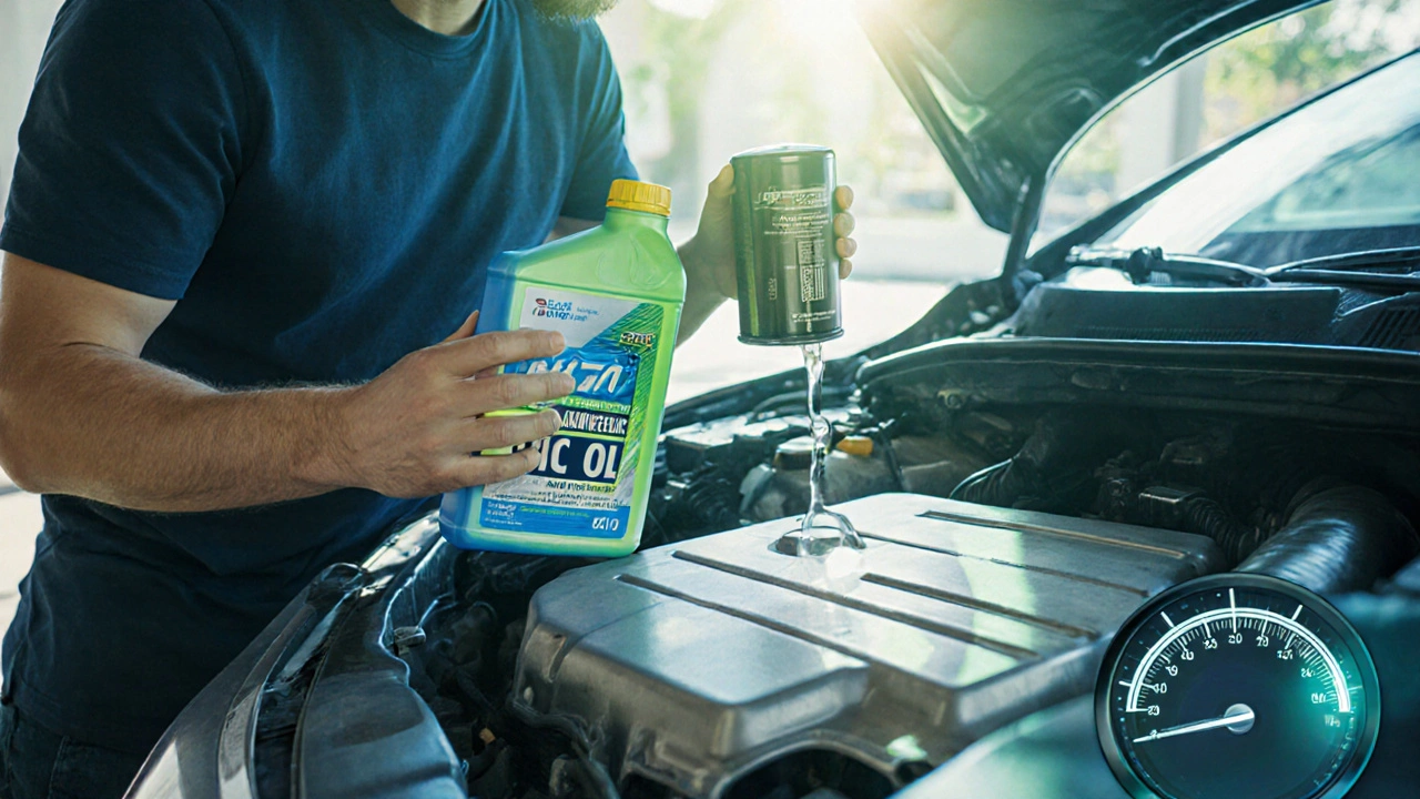 Driver preparing to change oil with new synthetic oil bottle and filter in bright daylight.