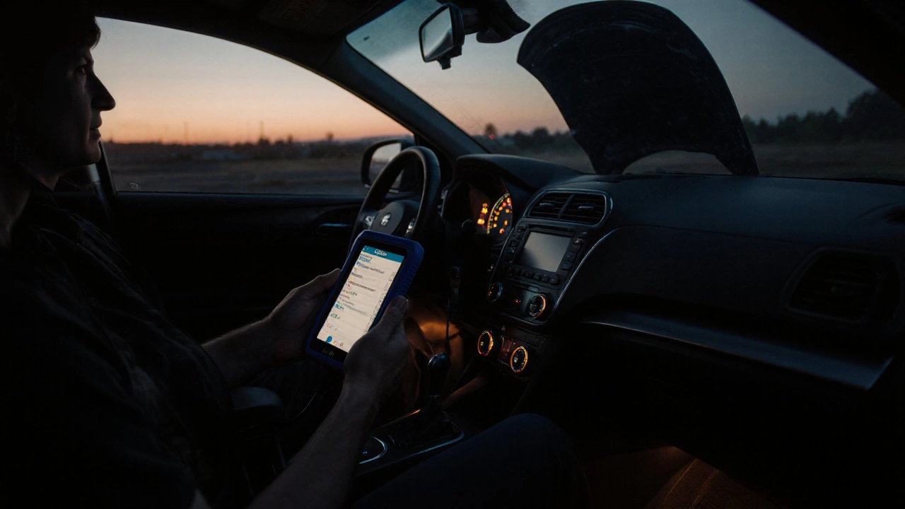 Driver uses OBD‑II scanner as dashboard lights up and engine starts at dusk.