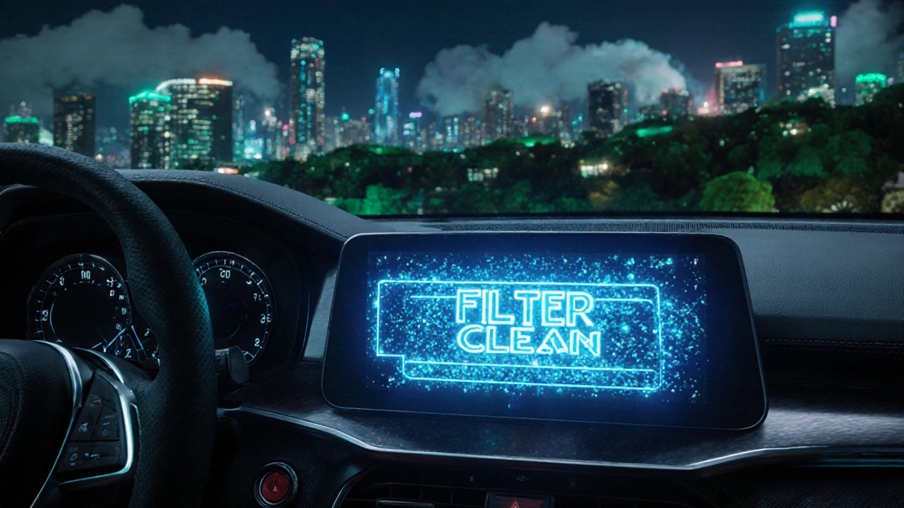 Futuristic dashboard showing sensor‑monitored nano‑coated air filter.