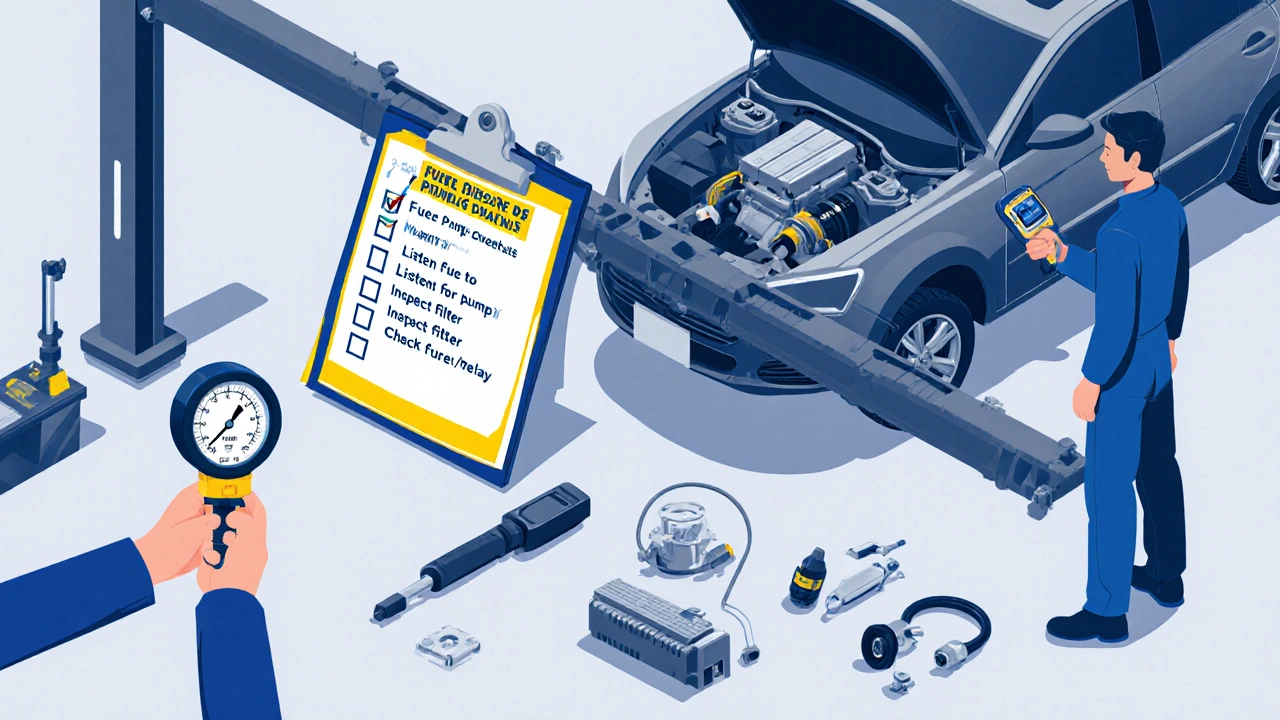 Garage scene with mechanic measuring fuel pressure, scanner, and checklist beside exposed pump.
