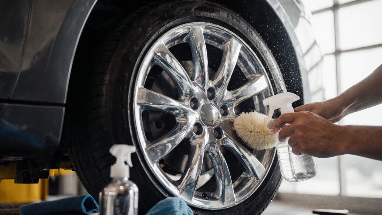 Hand cleaning a shiny alloy rim with brush and spray bottle under bright sunlight.