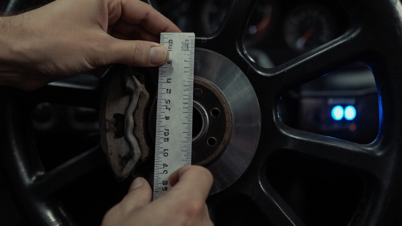 Hand measuring worn brake pad with ruler, warning light visible on dashboard.