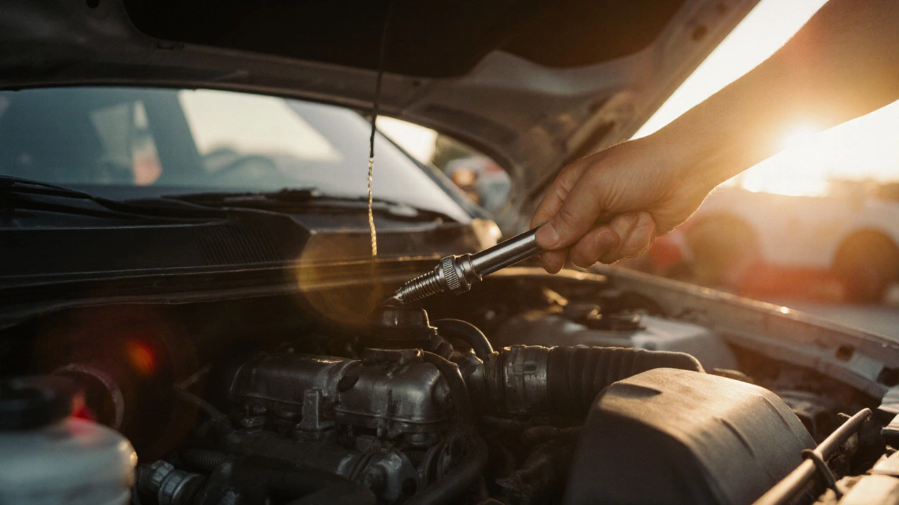 Hand tightening a spark plug with a torque wrench in a bright engine bay.