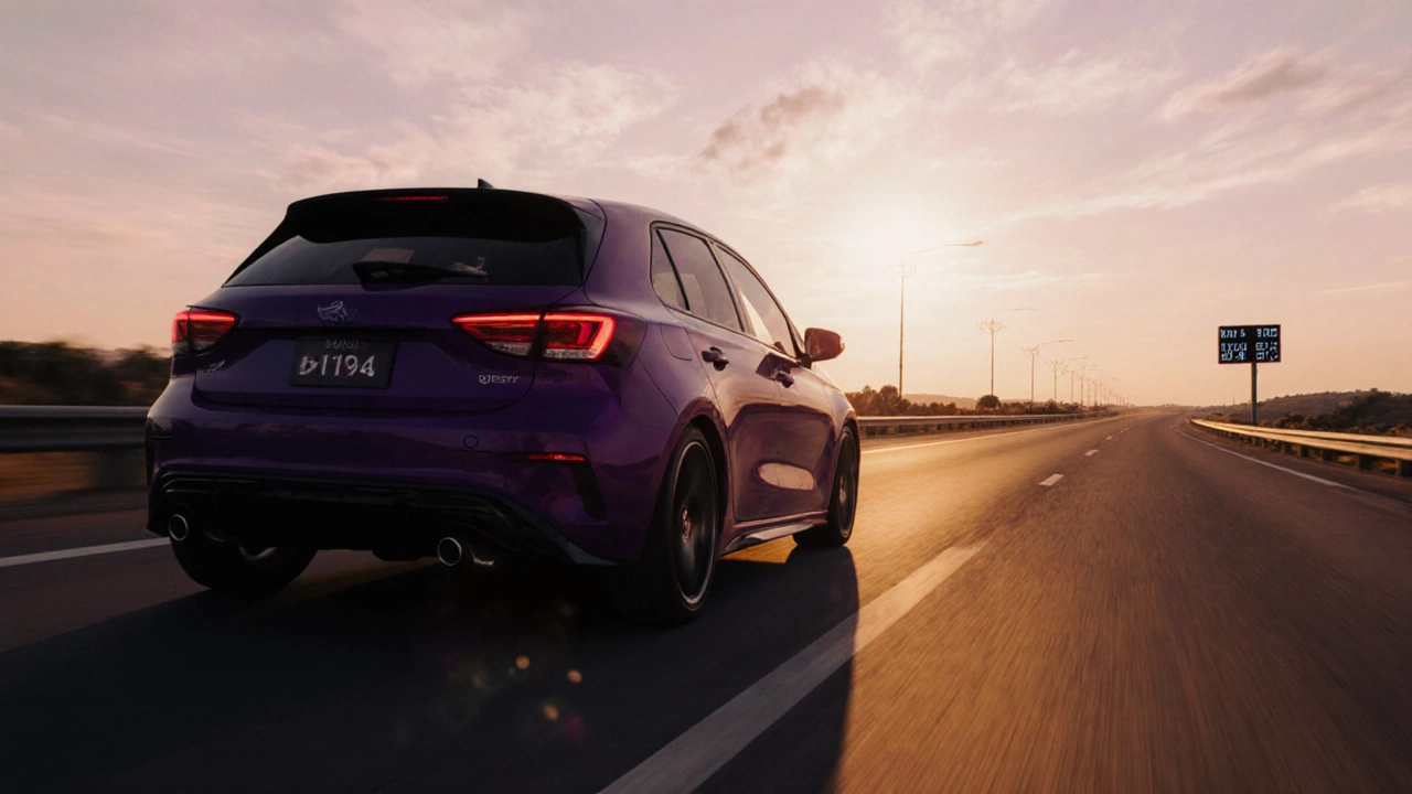 Hatchback speeding on a dusk highway, hinting at a modest horsepower gain.