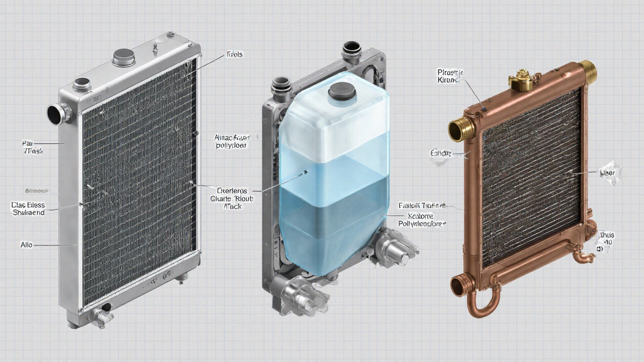 Illustrated exploded view of aluminum, plastic, and copper/brass radiators showing internal structure.