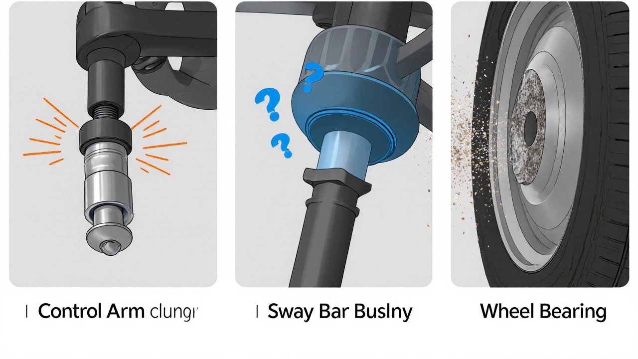 Illustrated split view of control‑arm bushing, sway‑bar bushing, and wheel bearing with noise symbols.