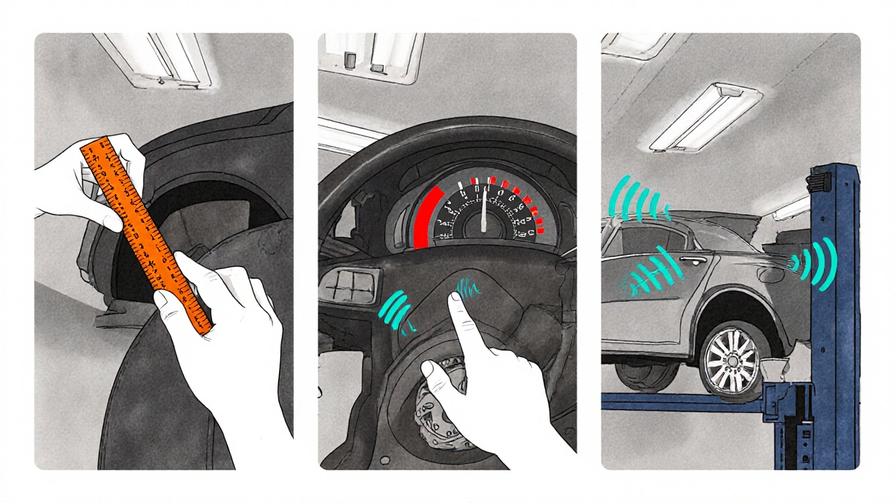 Illustrated steps: measuring pedal play, rev‑matching on a hill, listening for noise.