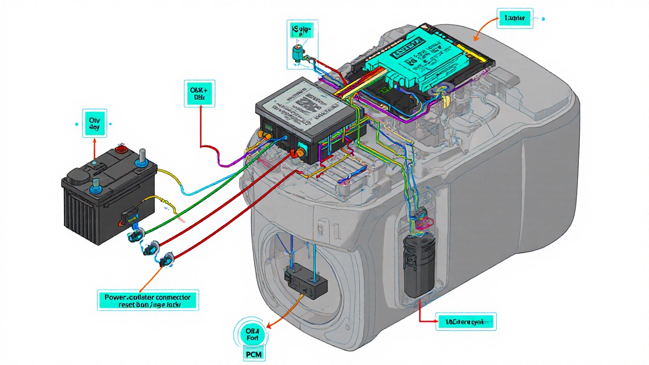 Isometric cutaway showing battery, ECM, PCM, relay and fuel pump with power flow arrows.