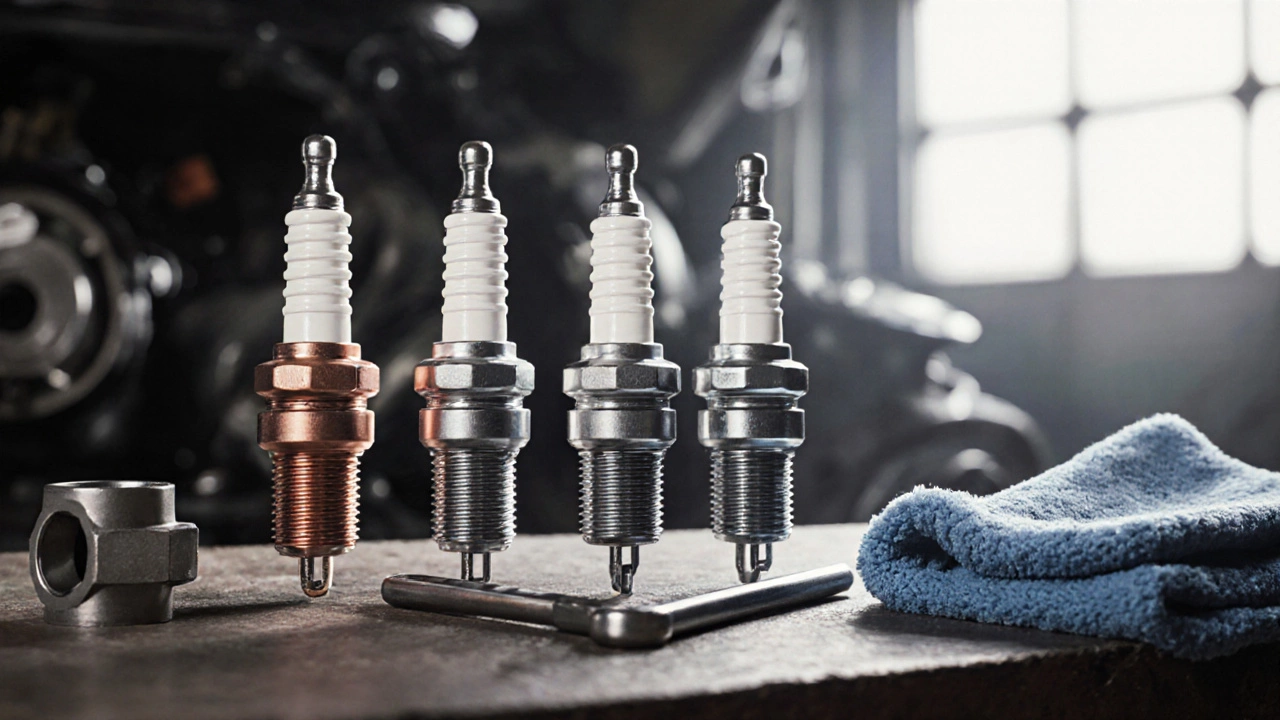 Mechanic's bench displaying copper, platinum, iridium, and double-platinum spark plugs with tools.