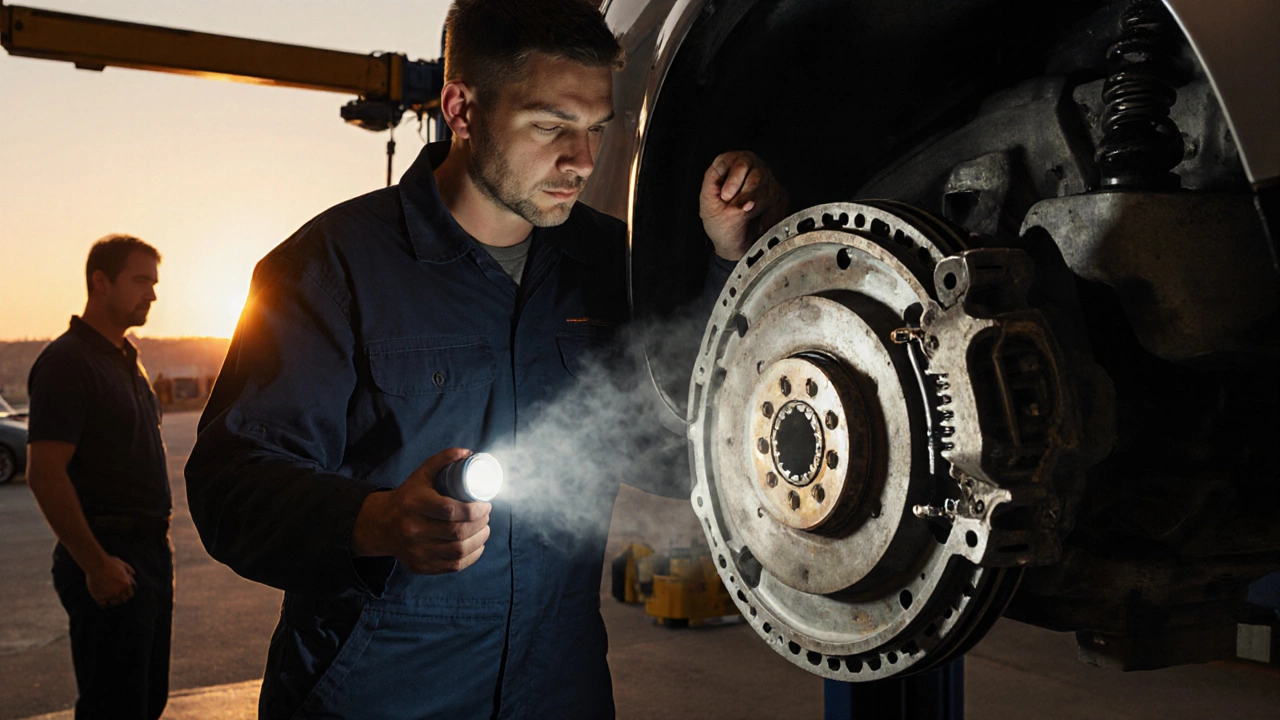 Mechanic examines clutch kit for spongy pedal and burnt smell signs.