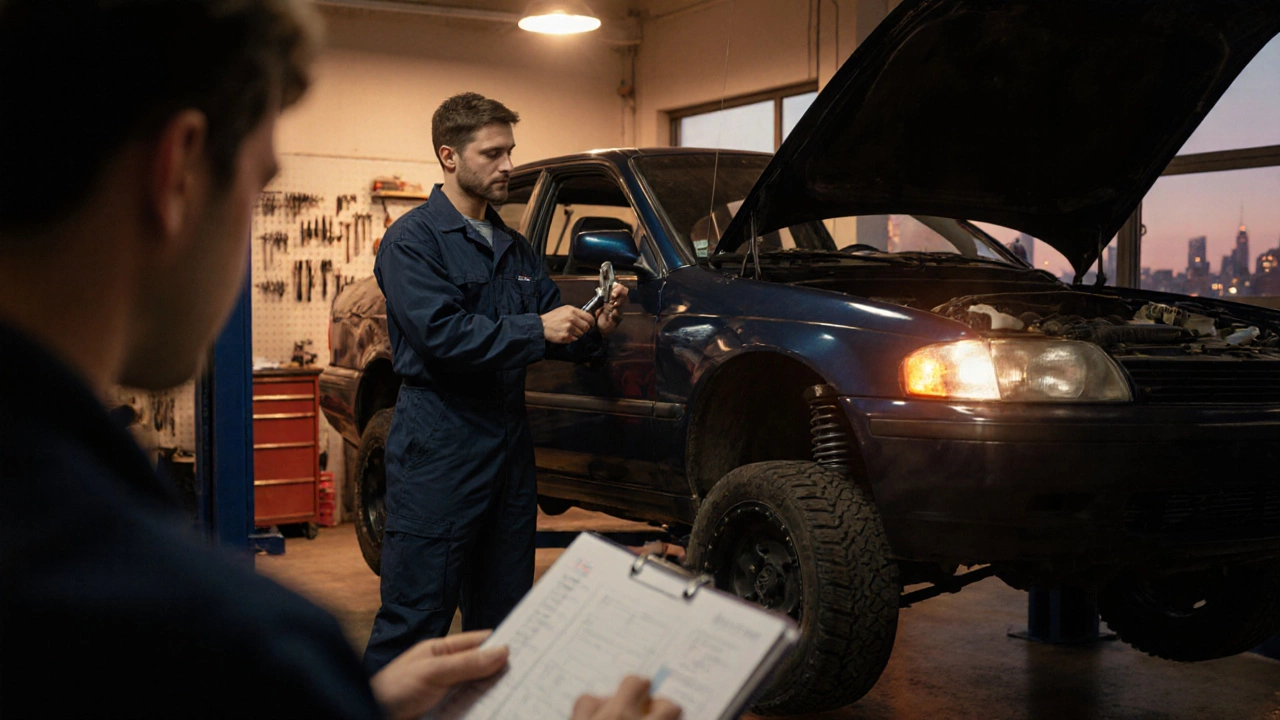 Mechanic inspecting a lifted car's suspension at dusk while driver checks a notebook.
