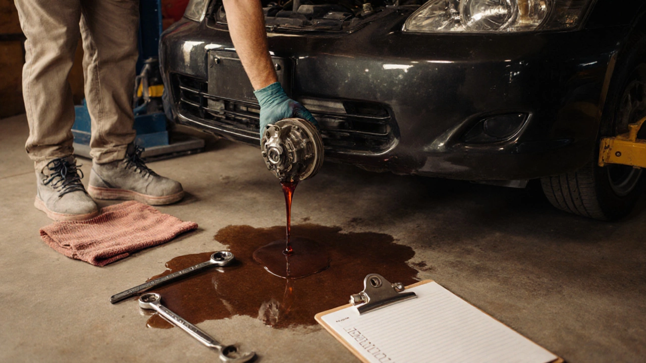Mechanic inspecting a lifted car for fluid leaks and clutch issues in a warm garage.
