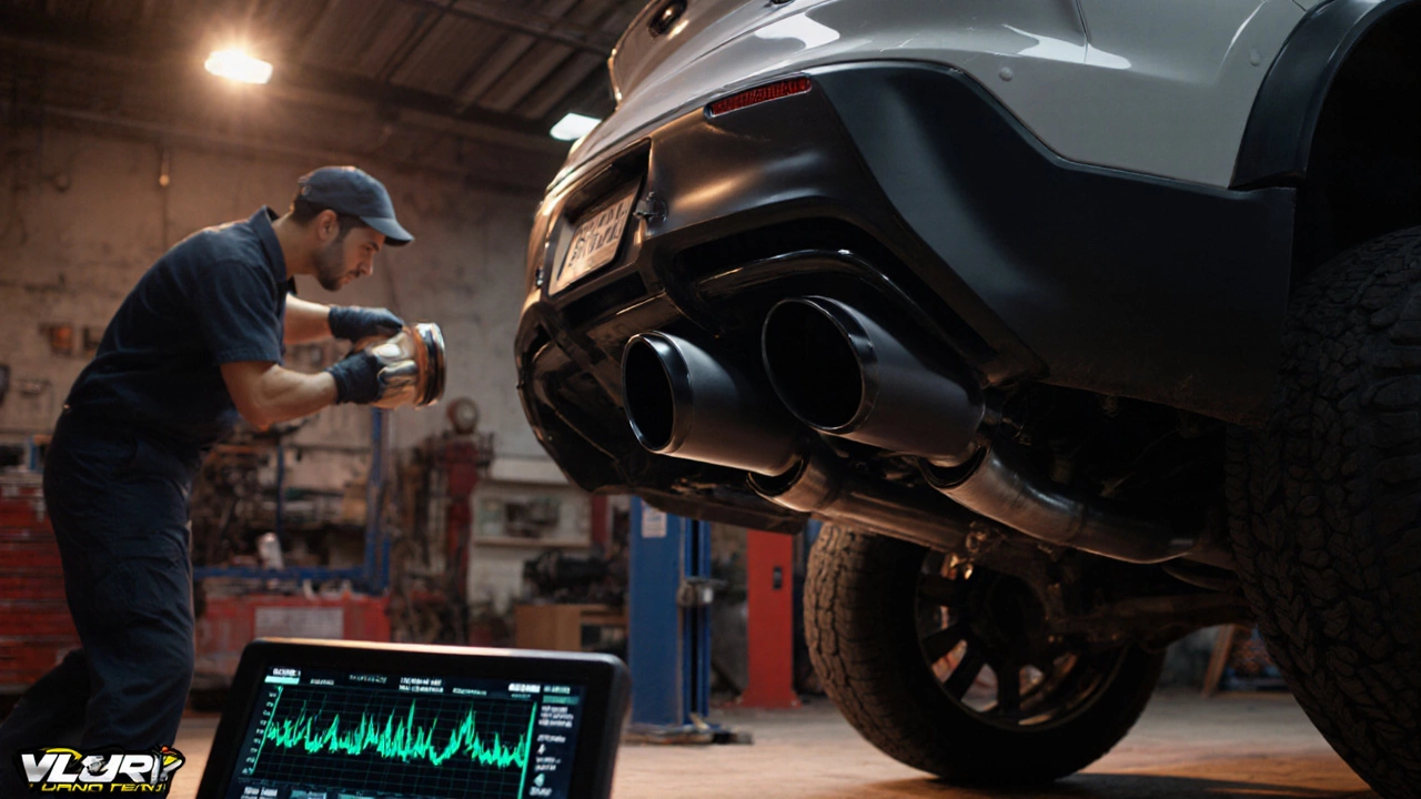 Mechanic installing a cat‑back exhaust in a garage with heat shield and ECU console.