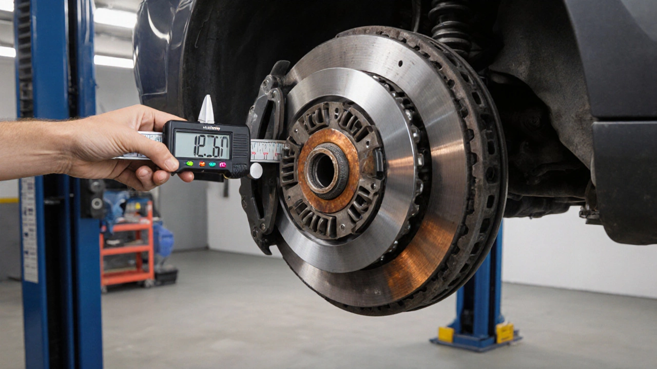 Mechanic measuring clutch disc thickness under a lifted car.