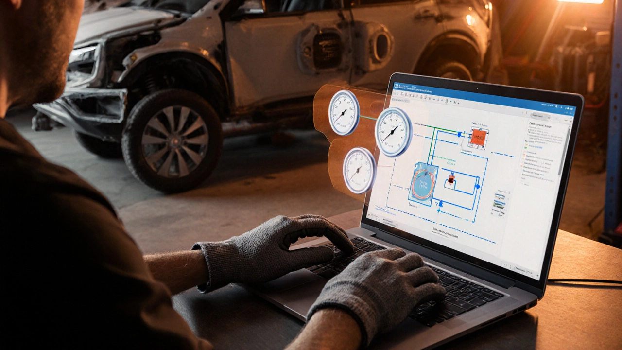 Mechanic using laptop diagnostics on an EV&#039;s cooling components.