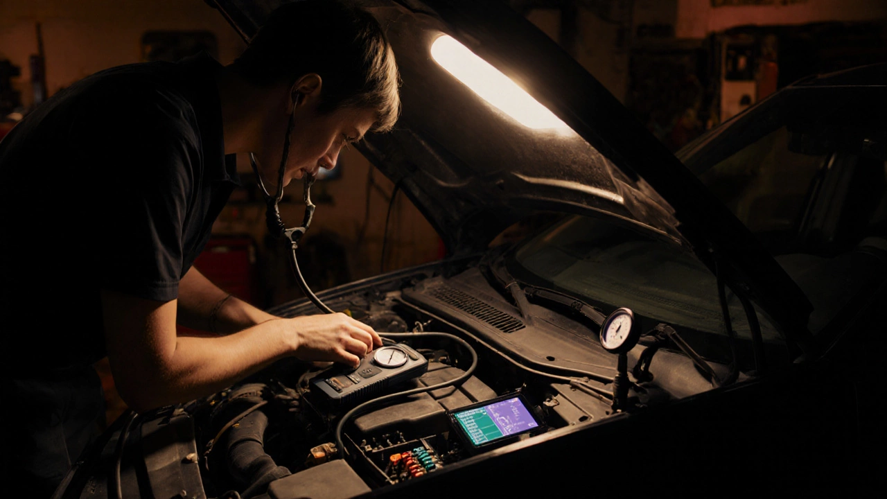Person using a stethoscope and diagnostic scanner to check a fuel pump under a car.