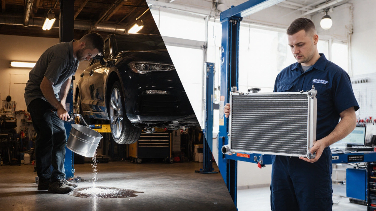 Split scene of a DIY radiator swap in a garage beside a professional shop installation.