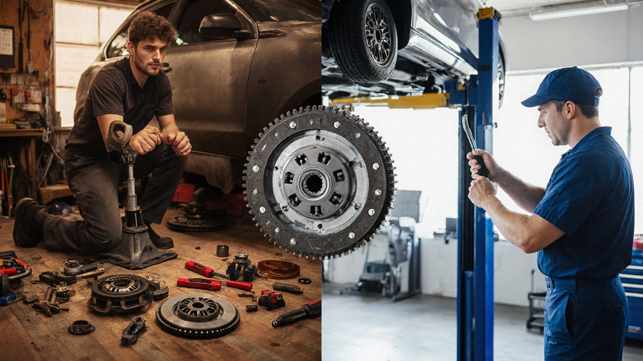 Split scene of DIY garage versus professional workshop with clutch kit parts.