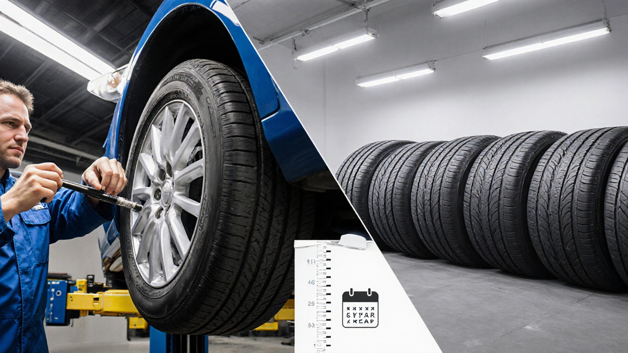 Split view of a tire repair in a garage and a row of new tires on display.