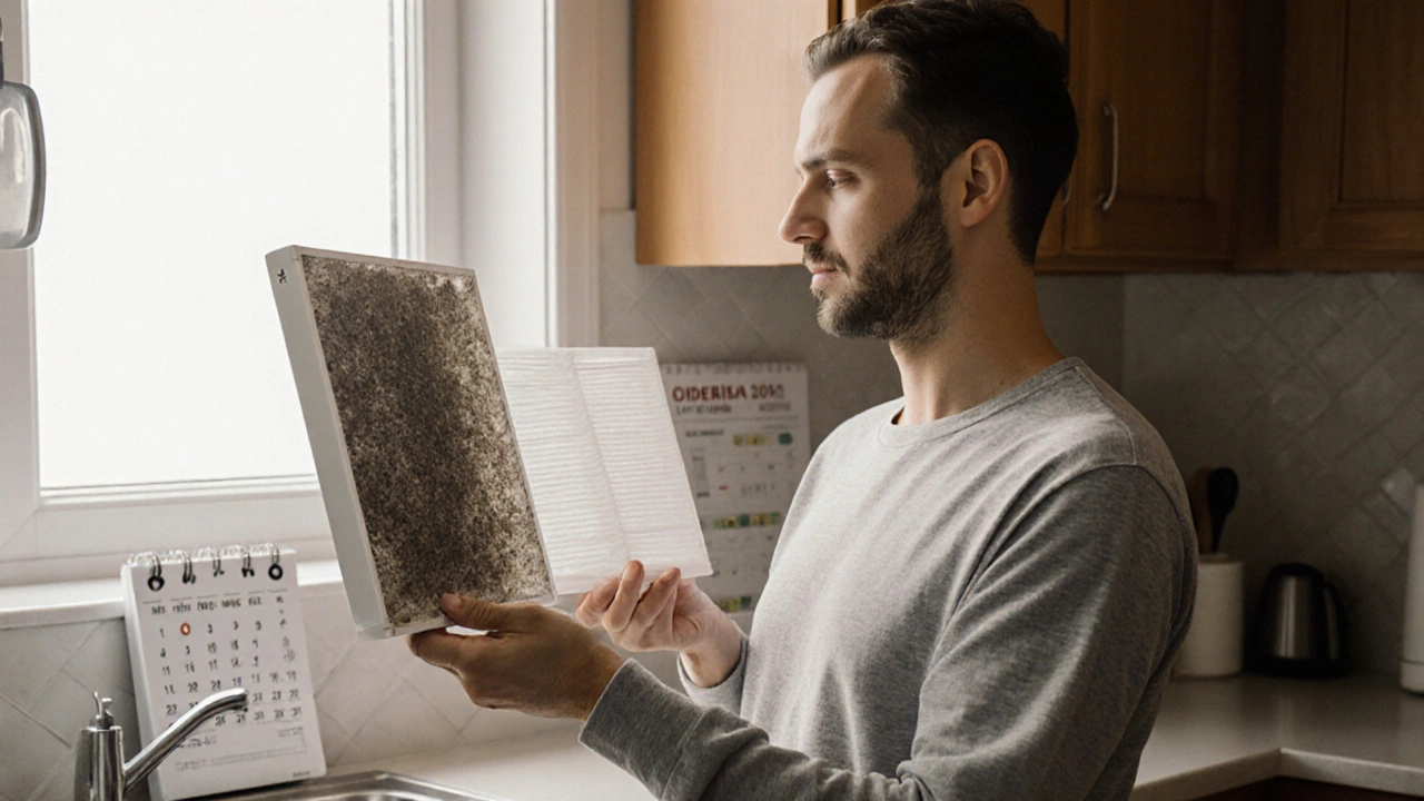 A person holding a dirty air filter next to a clean one, comparing their condition in a home kitchen.