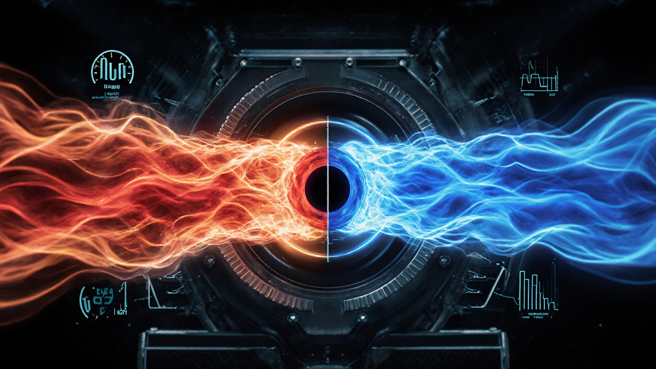 Abstract visualization of exhaust gas pulses colliding and flowing smoothly in tuned exhaust system.