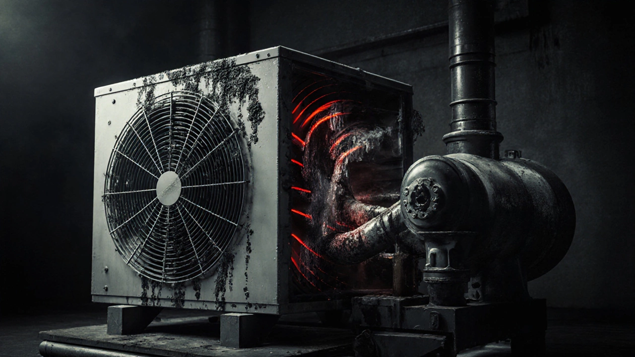 An air conditioner&#039;s internal parts covered in grime and ice, with warning signs of mechanical stress.