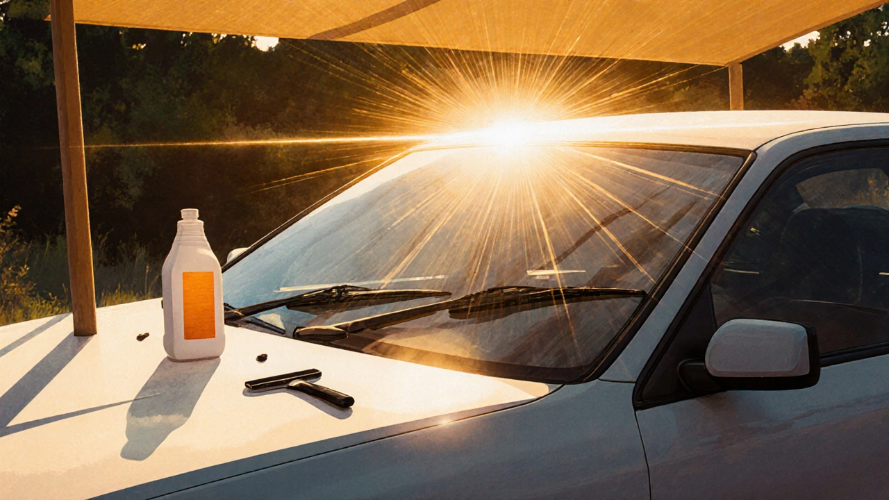 Car with sunshade and wiper blades lifted to protect from UV damage.