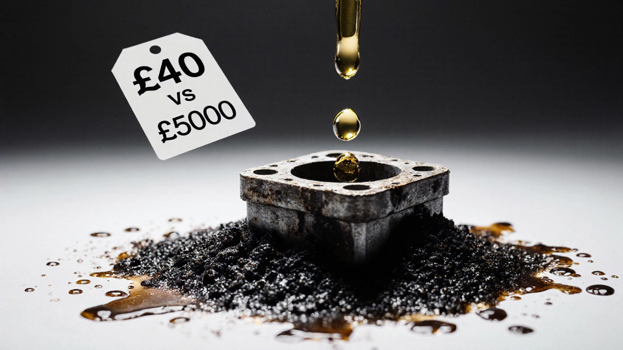 Cracked engine emerging from old oil residue with a fresh oil drop falling above it.