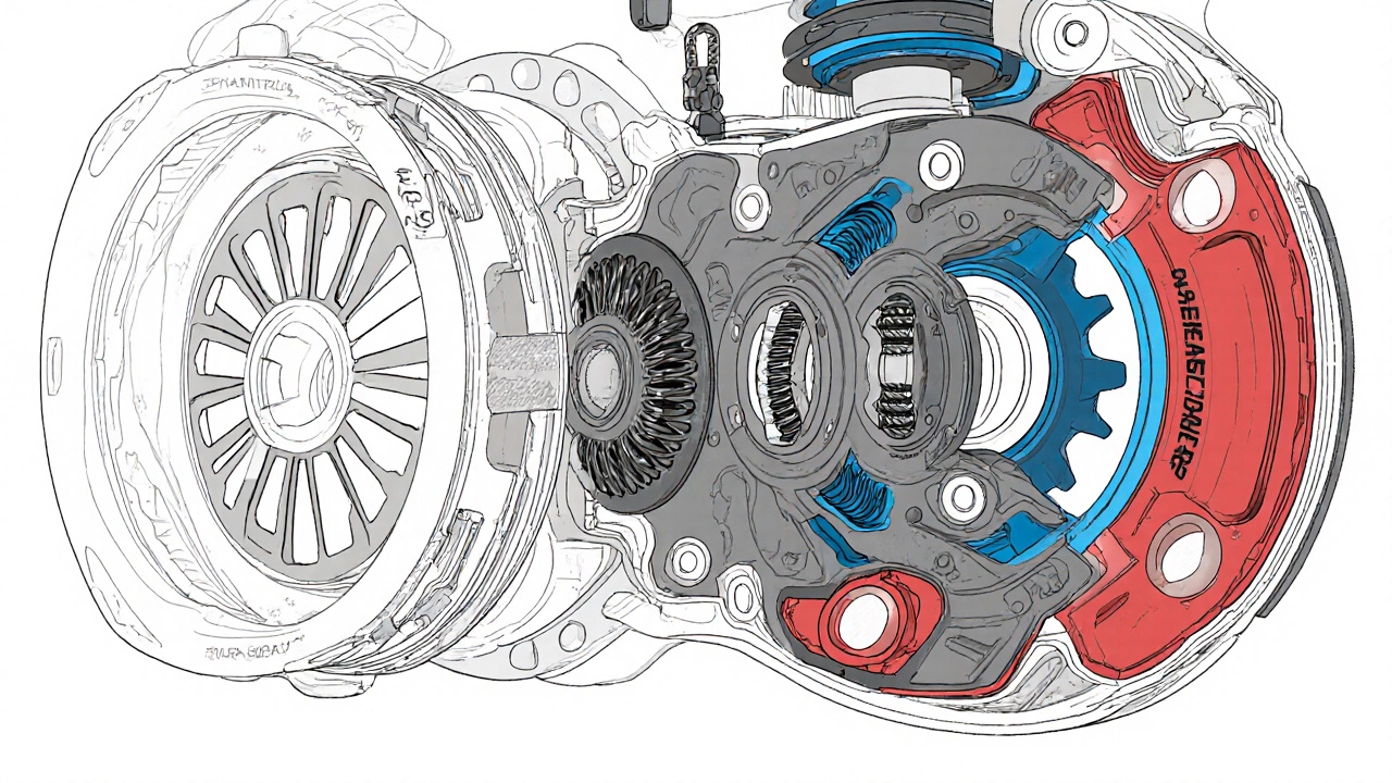 Cross-section diagram of clutch disc, pressure plate, and release bearing in mechanical detail.