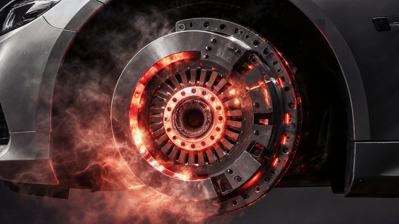 Cross-section of a car&#039;s clutch system glowing red from overheating.