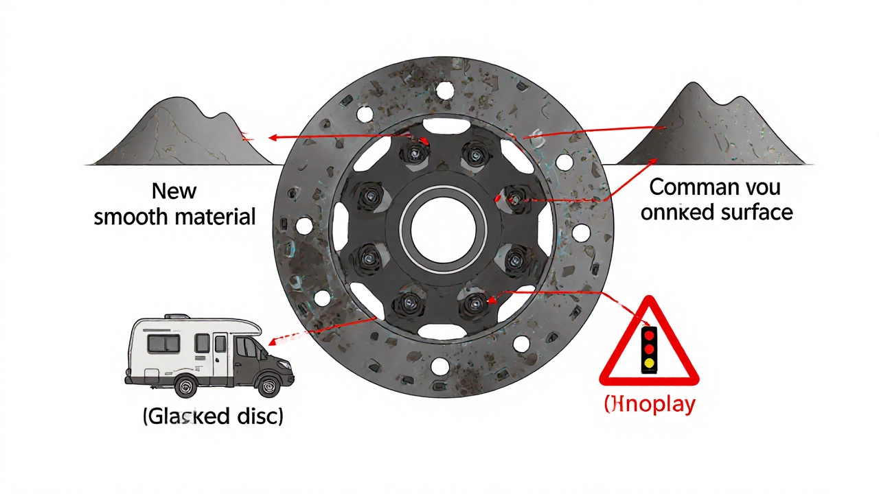 Cross-section of clutch disc showing three stages of wear with icons for hills, towing, and traffic.