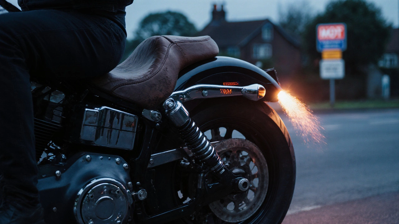 Cruiser motorcycle with single exhaust pipe, heat shimmer visible, MOT inspection sign in background.