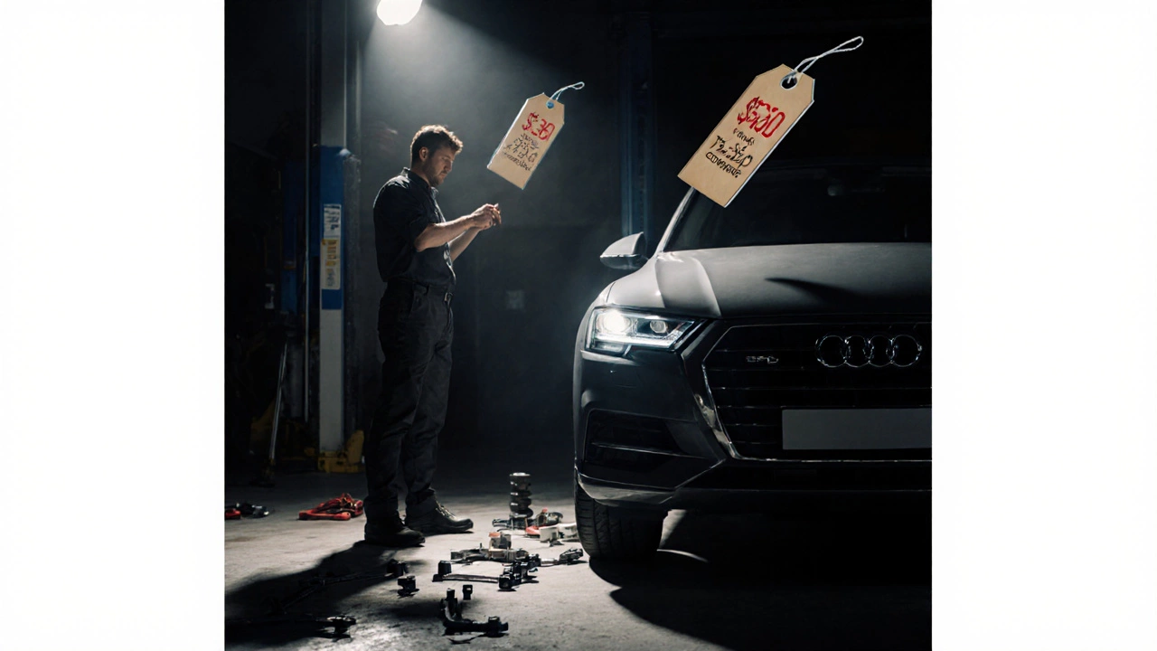 Driver looking at brake warning light with price tags floating above their car.